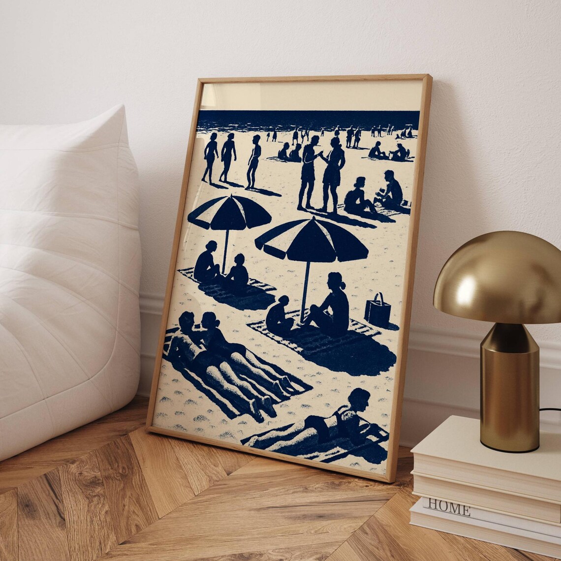 Retro Navy Beachgoers Silhouettes Two-Tone Coastal Scene Poster