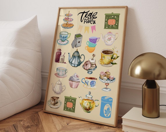 Tea Party Art Print Teapot Teacup Illustration Kitchen Decor