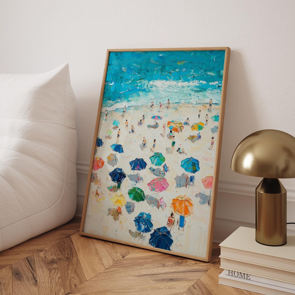 Crowded Summer Beach Umbrellas Aerial View Oil Painting Poster