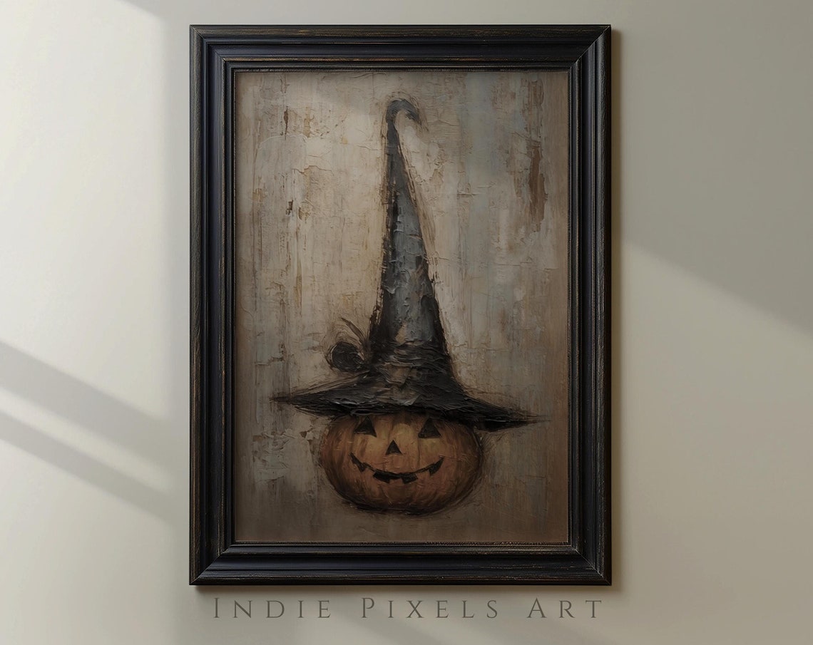 Jack O Lantern Witch Hat Cute Halloween Pumpkin Folk Art Poster - Image 4