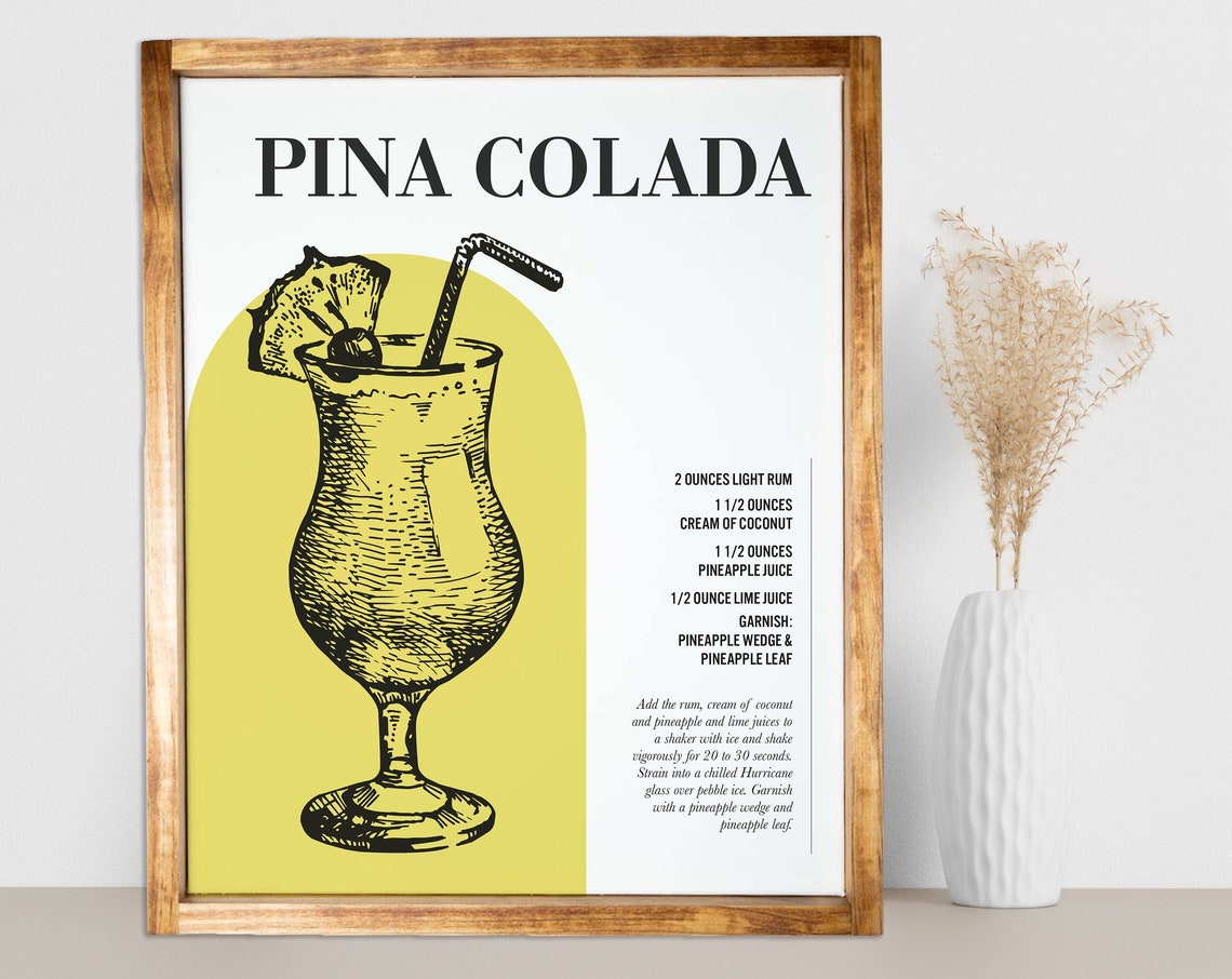 Pina Colada Cocktail Recipe Retro Tropical Hurricane Glass Poster