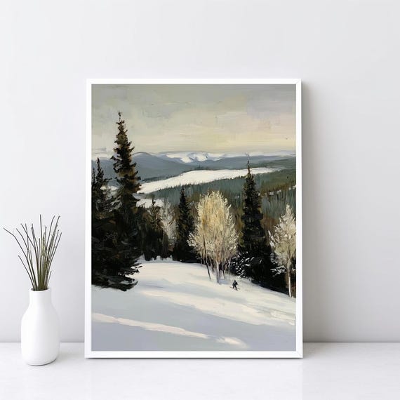 Winter Forest Landscape Painting Vintage Country Scenery Wall Art Moody Home Decor Snowy Mountain Print Sg325