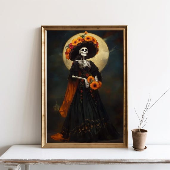 La Catrina Calavera Wall Art Day Of The Dead Poster Dia De Los Muertos Decor Skeleton Skull Marigold Mexico Halloween Samhain Sg174