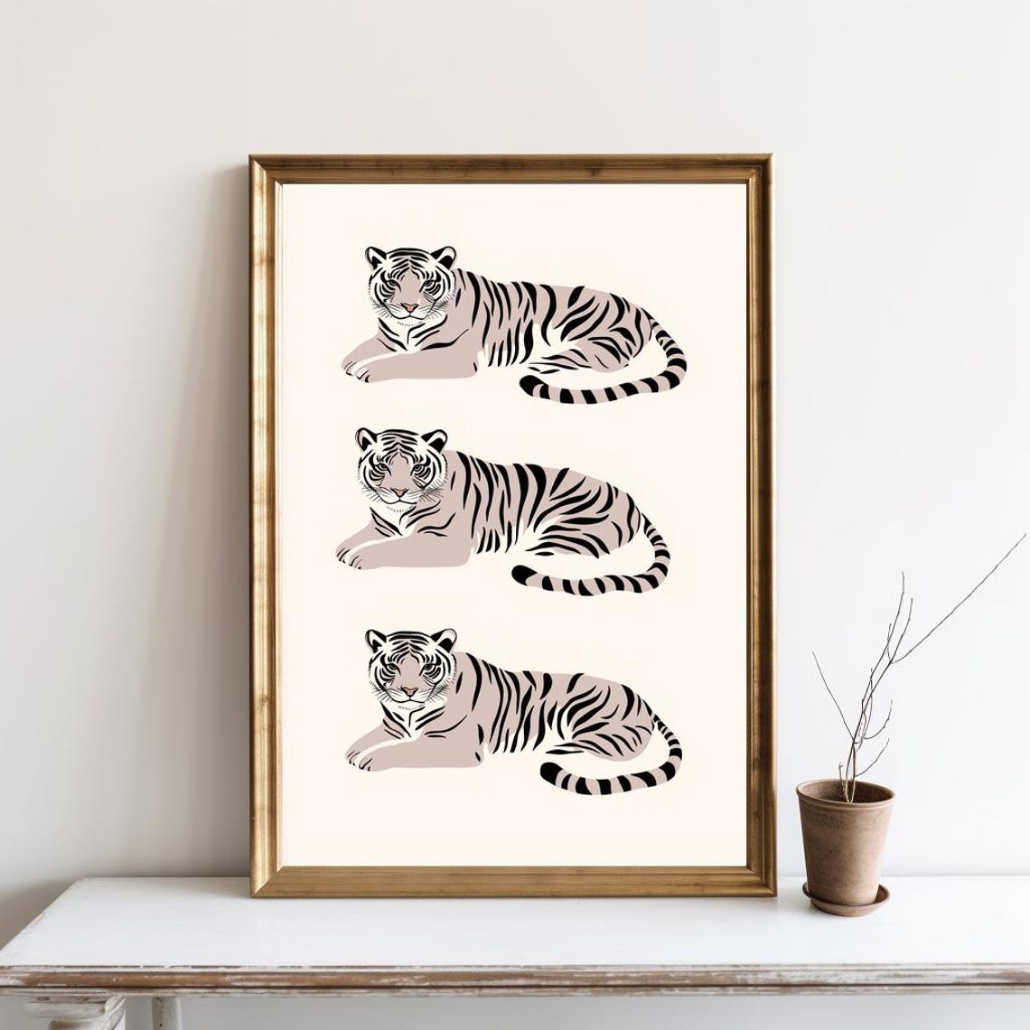 Three Reclining Tigers Modern Minimal Big Cat Animal Wall Art
