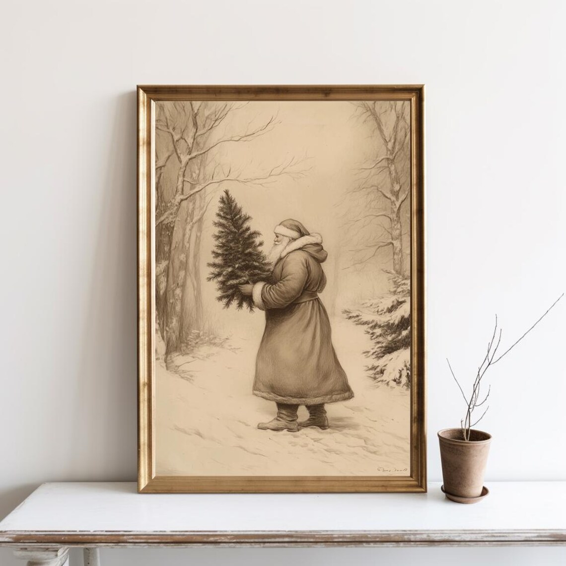 Vintage Christmas Santa Art Print, Neutral Winter Forest