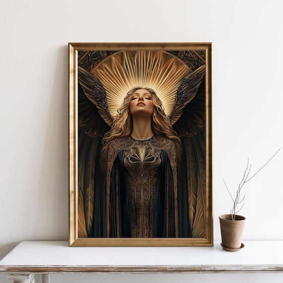 Dark Angel Golden Halo Wings Spiritual Guardian Art Painting Poster