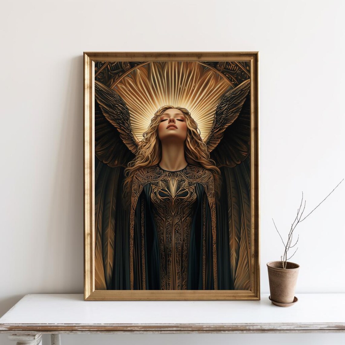 Dark Angel Golden Halo Wings Spiritual Guardian Art Painting Poster