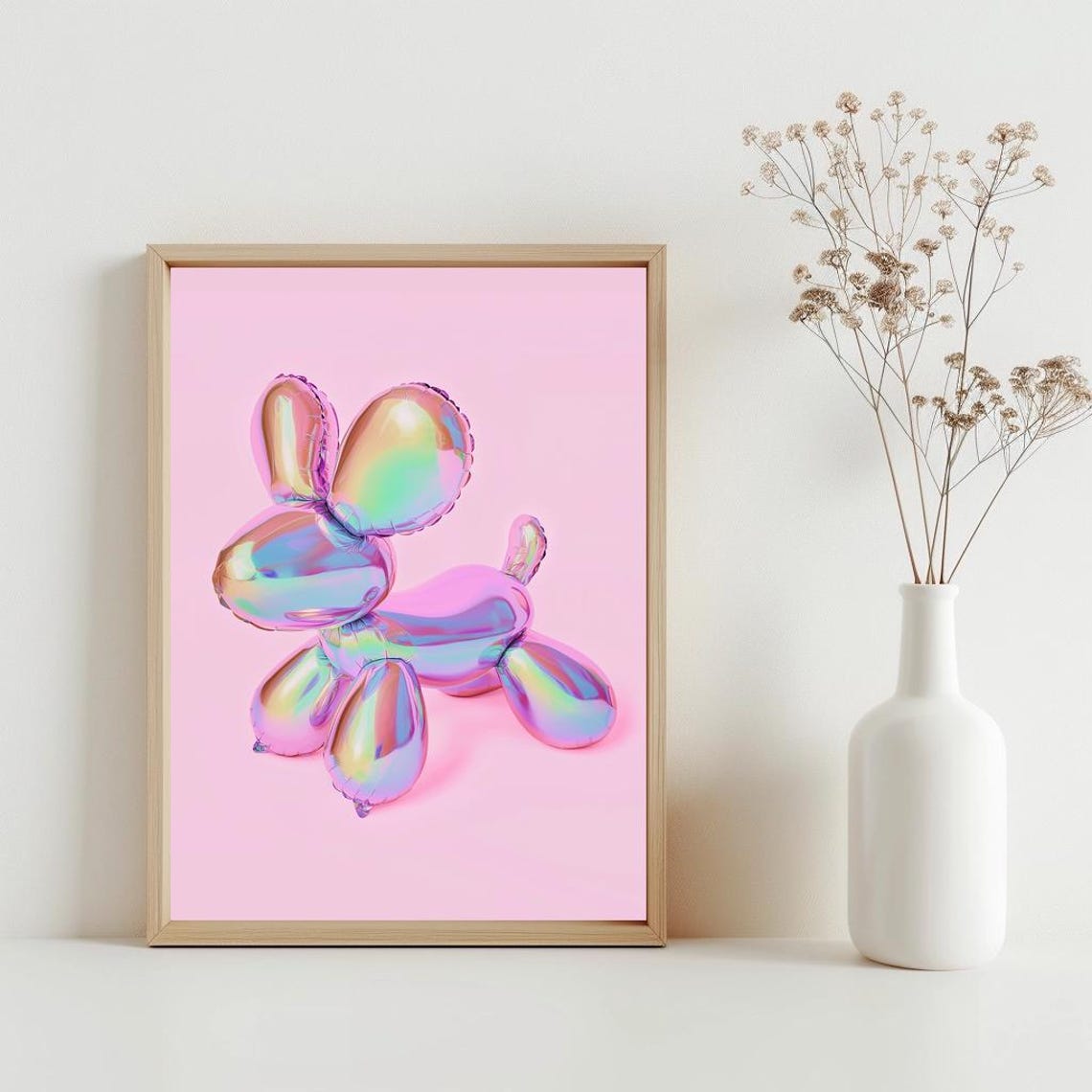 Holographic Balloon Dog Pink Background Trendy Preppy Poster