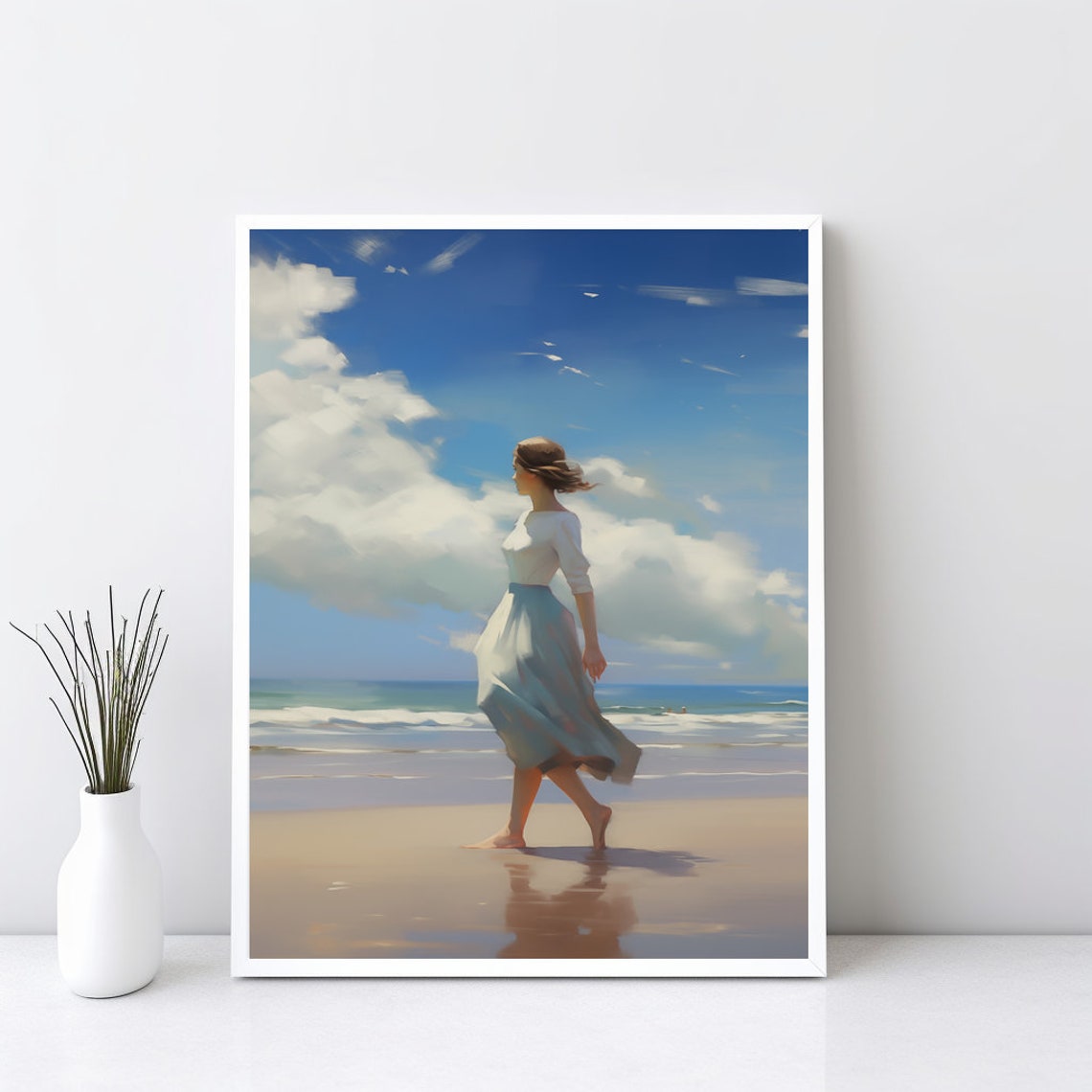 Woman On Beach Wall Art Beautiful Ocean Waves Vintage Print Light Oil Painting Living Room House Decor Jpg Sg30
