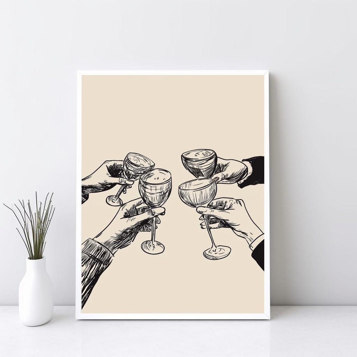 Cheers Wine Glasses Toast Line Art Minimalist Bar Cart Poster