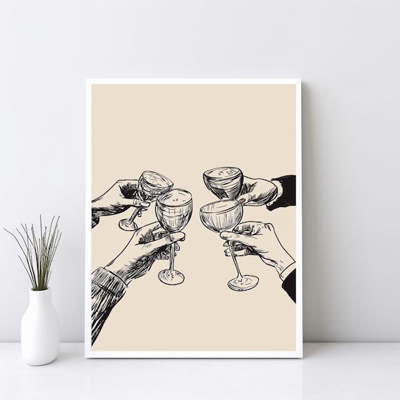 Cheers Wine Glasses Toast Line Art Minimalist Bar Cart Poster