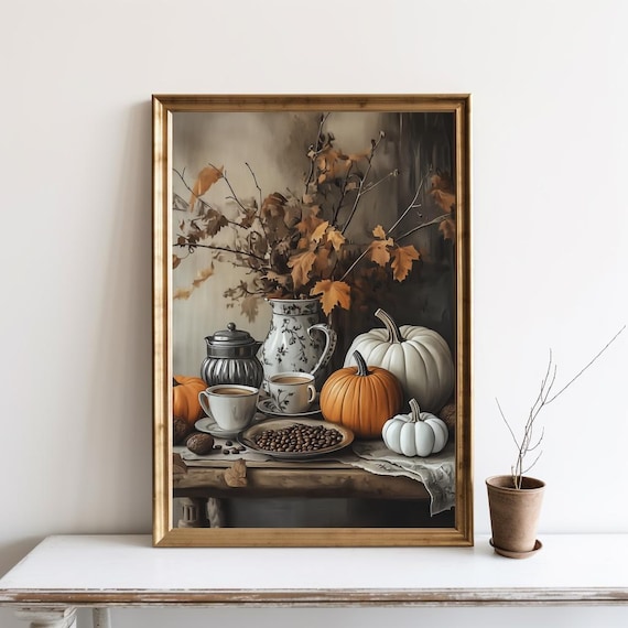 Coffee And Pumpkins Autumn Still Life Vintage Painting Poster
