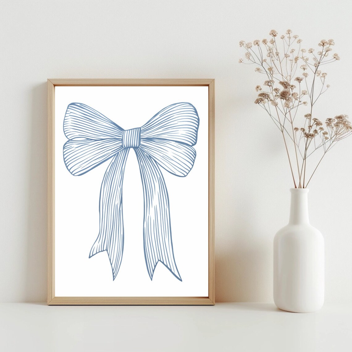 Blue Ribbon Bow Line Drawing Coastal Vintage Nursery Art Poster