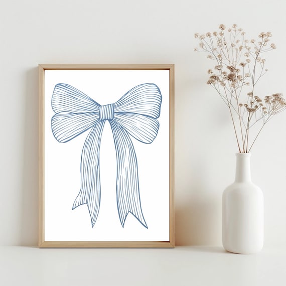 Blue Ribbon Bow Line Drawing Coastal Vintage Nursery Art Poster