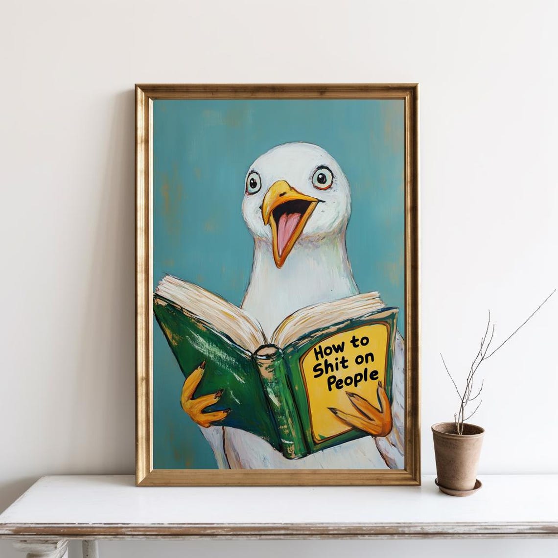 Funny Seagull Reading Book Cheeky Bathroom Humor Bird Art Poster
