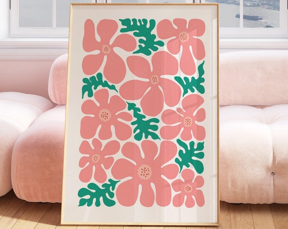 Pink And Green Abstract Flower Print Floral Wall Art Girls Room Decor Hippie Botanical Plant Gift For Her Gallery Modern