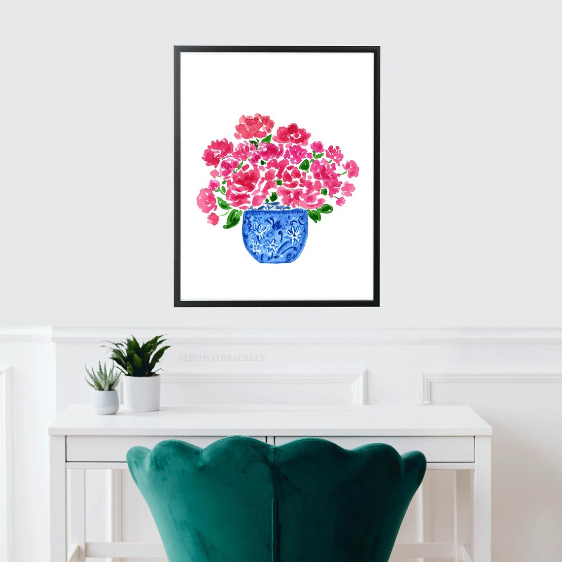Peonies in Blue and White Vase Watercolor Art Print - Image 2