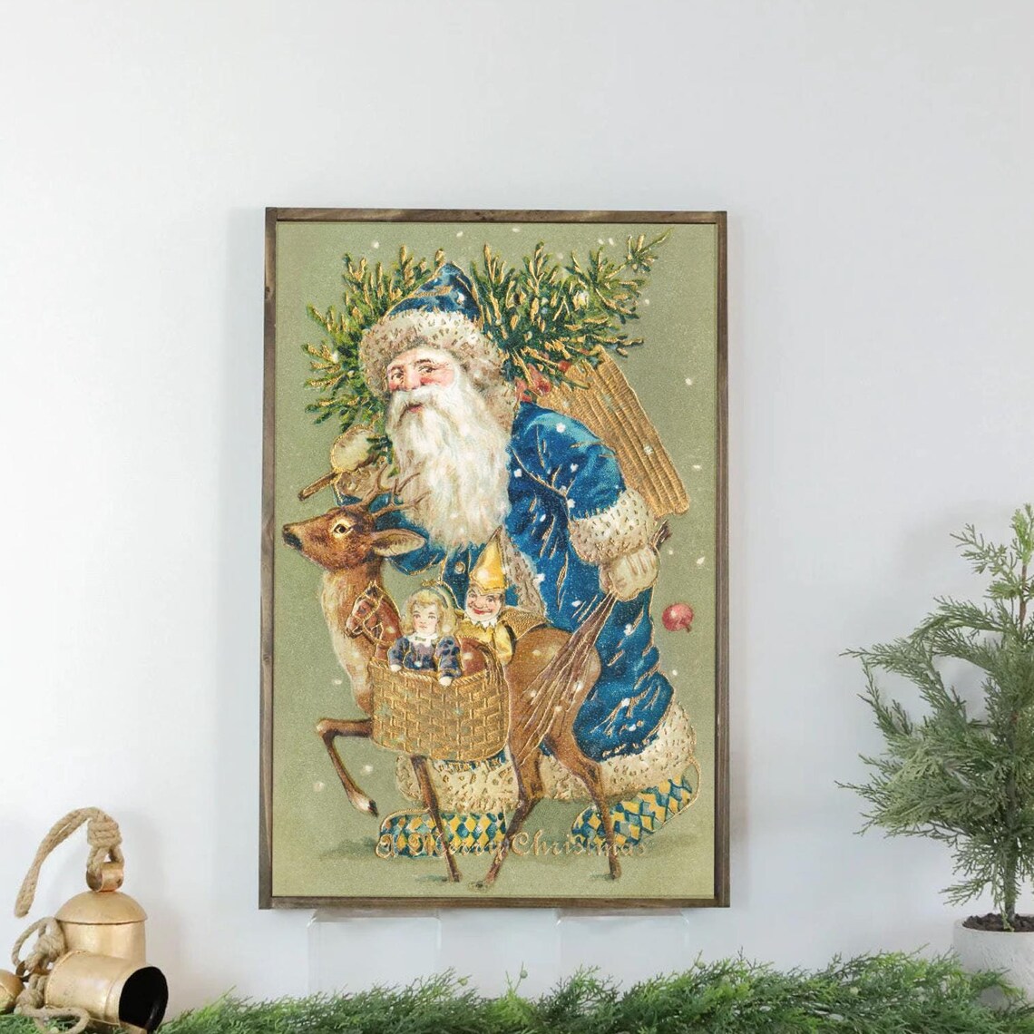 Vintage Blue Coat Santa With Reindeer A Merry Christmas Art Poster