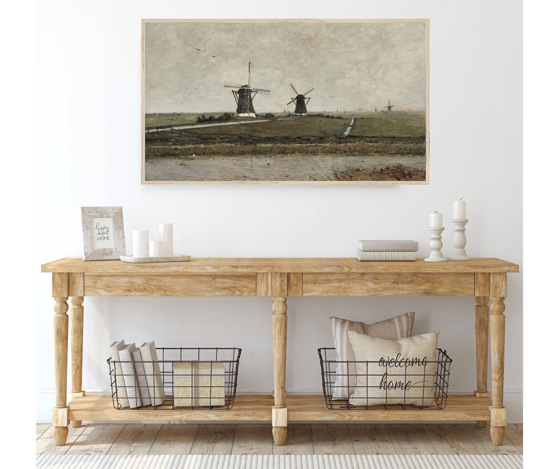 Dutch Windmills Moody Green Polder Landscape Vintage Painting Poster - Image 3