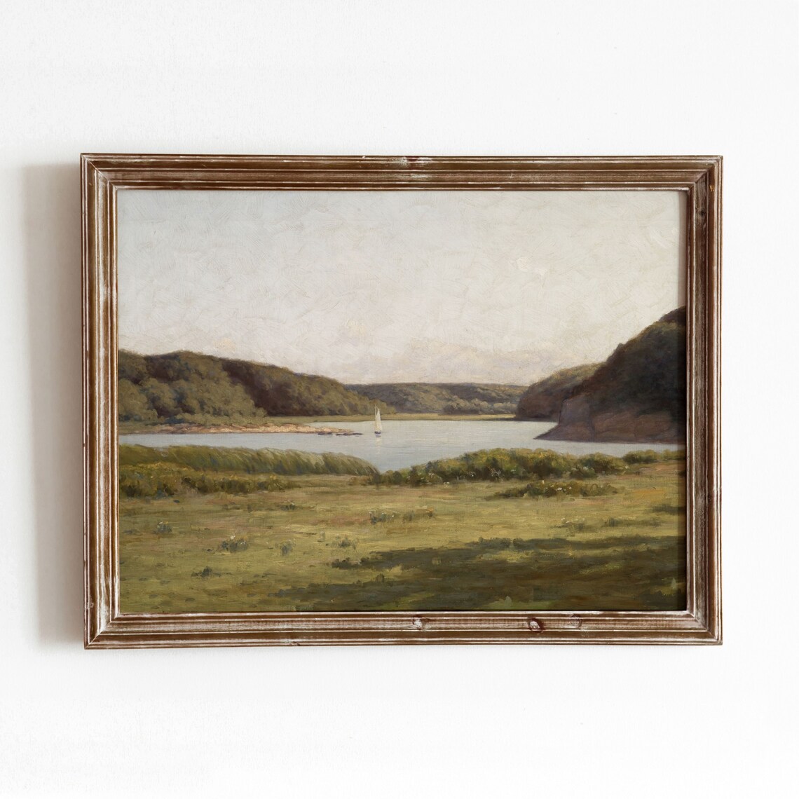 Coastal Inlet Landscape Vintage Harbor Sailboat Art Print