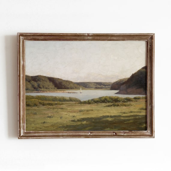 Coastal Inlet Landscape Vintage Harbor Sailboat Art Print