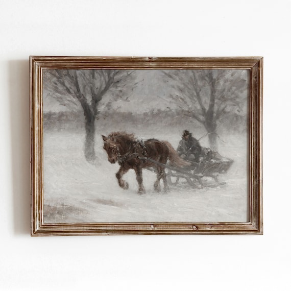 Gusty Sleigh Ride Vintage Horse Winter Art Print