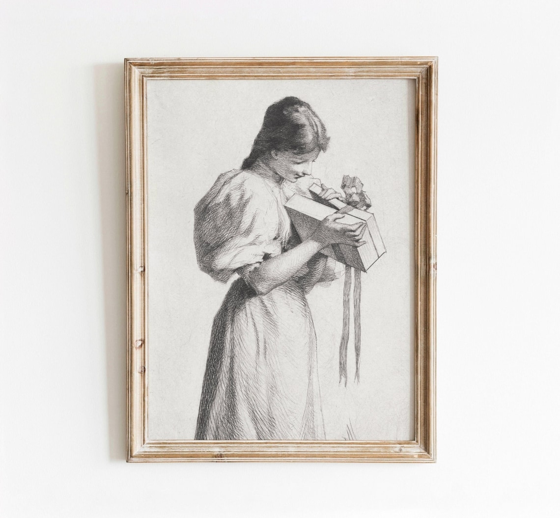 Vintage Christmas Holiday Sketch Girl Art Print