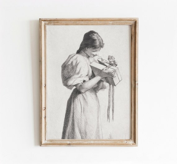 Vintage Christmas Holiday Sketch Girl Art Print