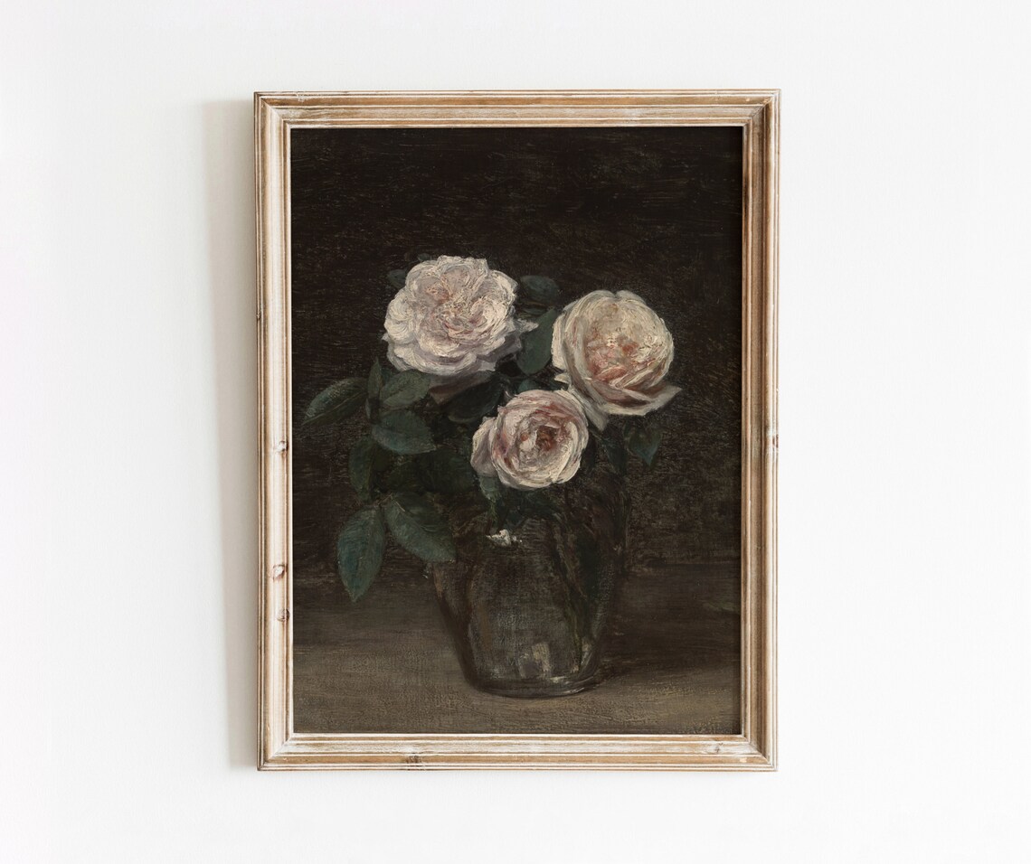 Three Pink Roses Vintage Floral Still Life Art Print - Image 4