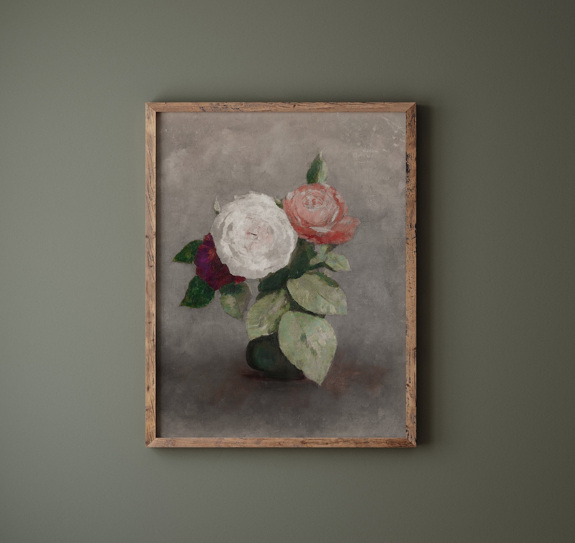 Small Vase Of Roses Vintage Floral Still Life Art Print - Image 3