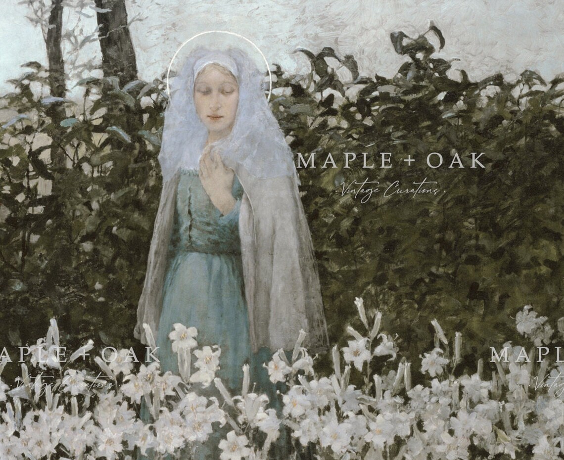 Haloed Woman Standing Among White Lilies In A Quiet Garden Art Print - Image 3