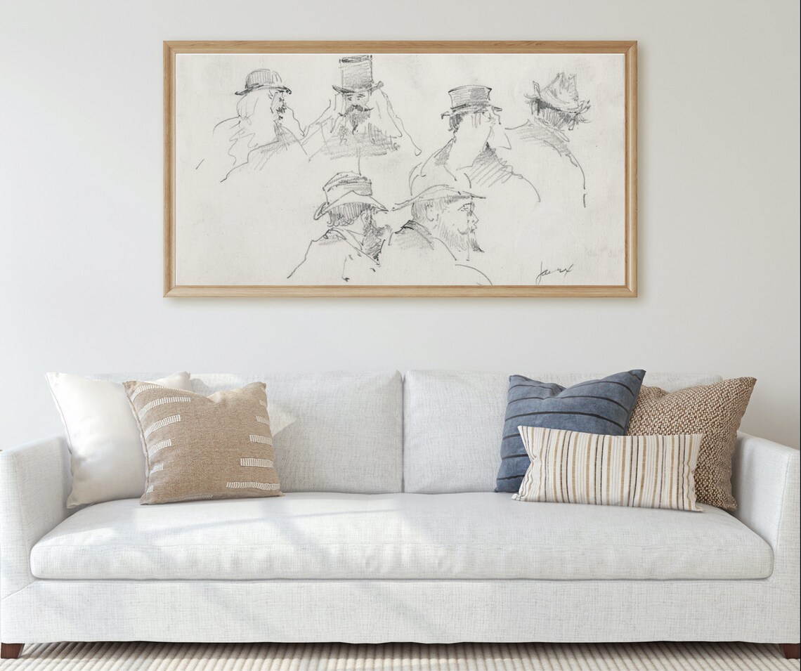 Men In Hats Sketch, Vintage Black And White Art Print - Image 2