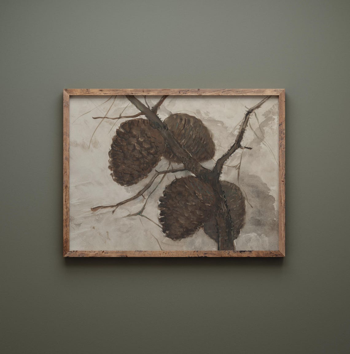 Brown Pine Cones On Branch Beige Watercolor Botanical Minimal Wall Art - Image 3