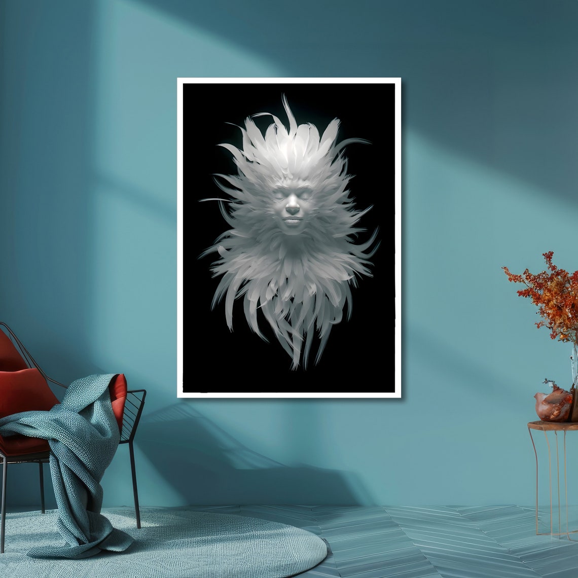 Ethereal White Feather Face in a Surreal Mystical Dream Art Poster - Image 6
