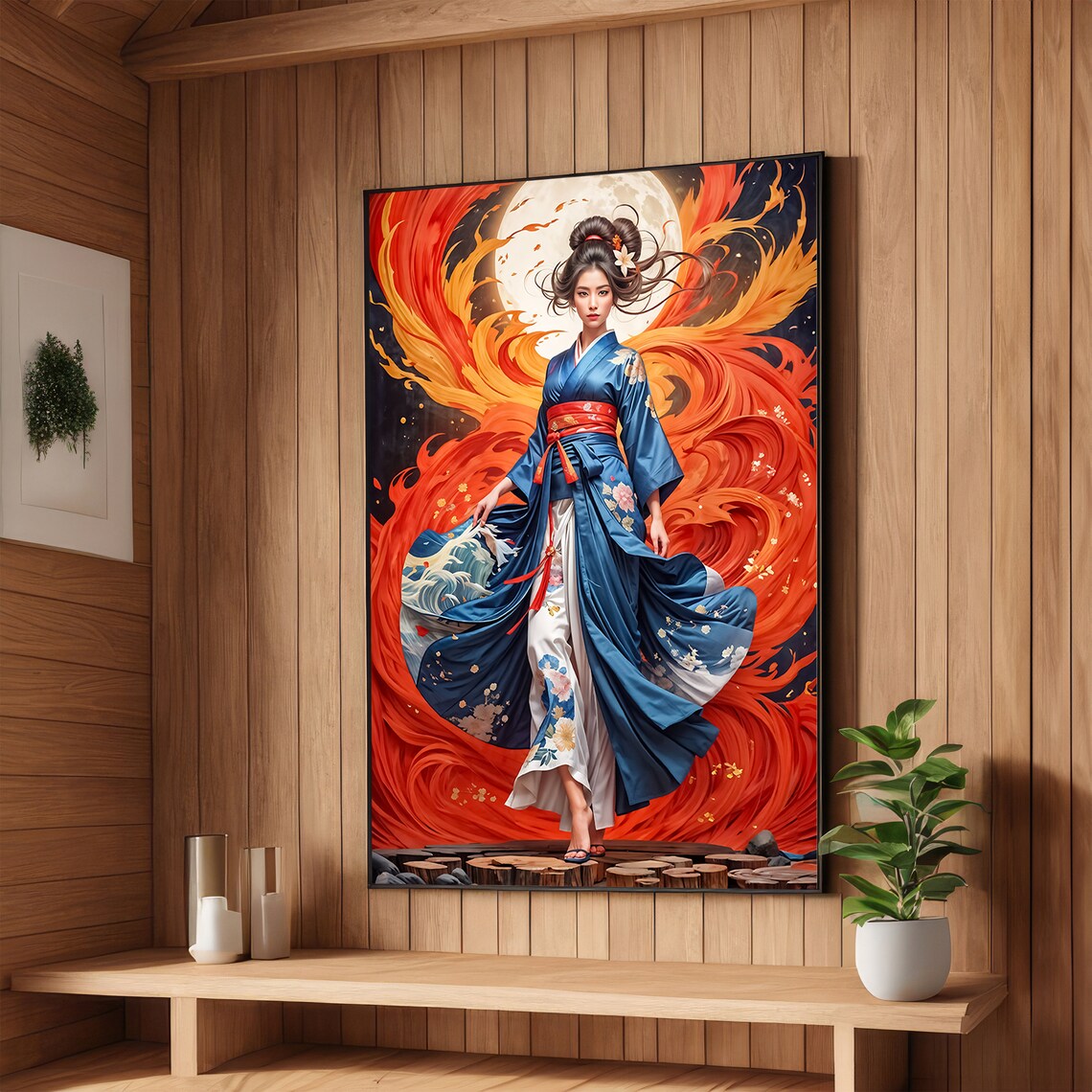 Japanese Woman in Blue Kimono Fire and Moon Japanese Art Poster