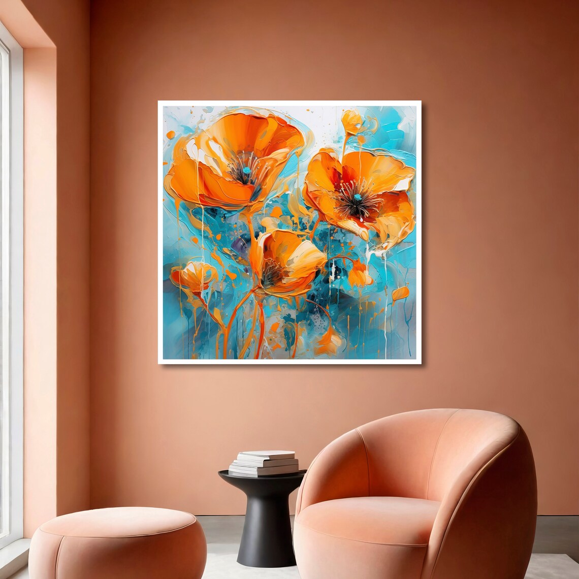 Orange Poppies On Turquoise Background Modern Bold Floral Poster - Image 3