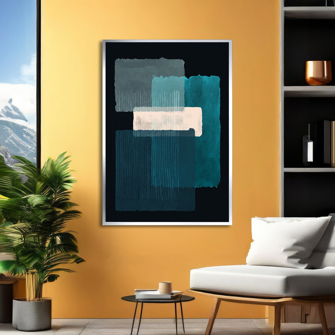 Abstract Teal and White Brushstroke Blocks on Black Modern Art Poster - Image 2