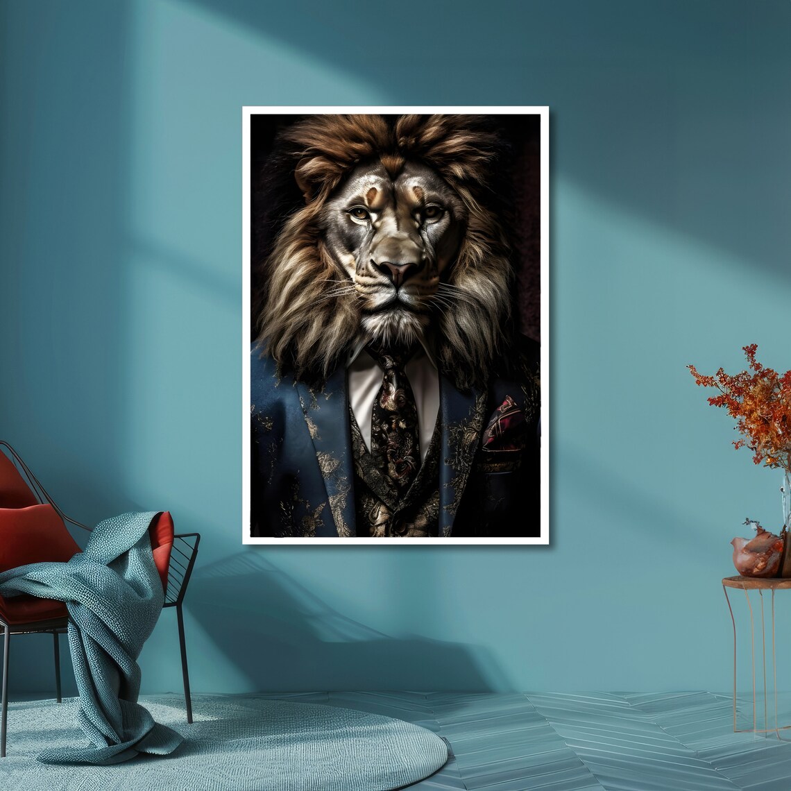 Regal Lion Wearing an Ornate Blue Suit Noble Animal Portrait Poster - Image 6