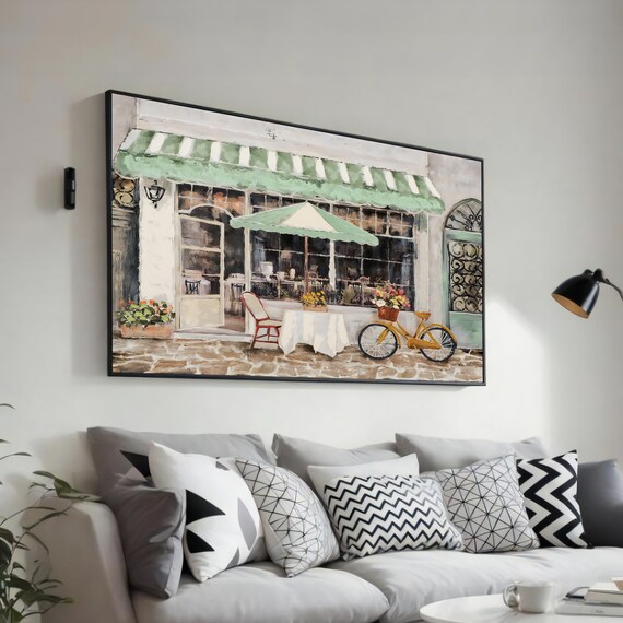 Charming European Cafe Storefront With Green Awning and Bicycle Art Poster