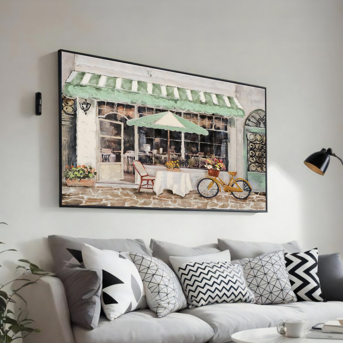 Charming European Cafe Storefront With Green Awning and Bicycle Art Poster