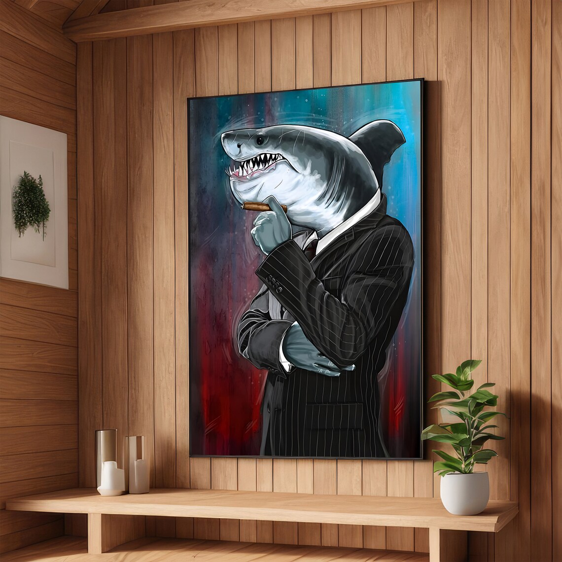 Business Shark in Pinstripe Suit Smoking a Cigar Funny Office Poster