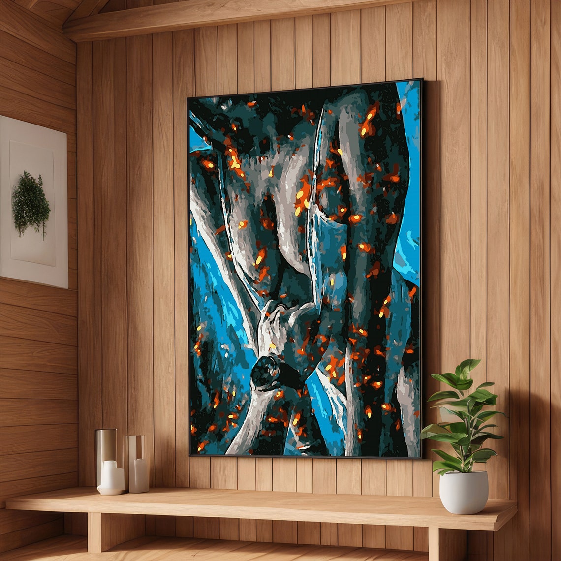 Erotic Embrace Abstract Lovers Entwined in Blue and Orange Art Poster