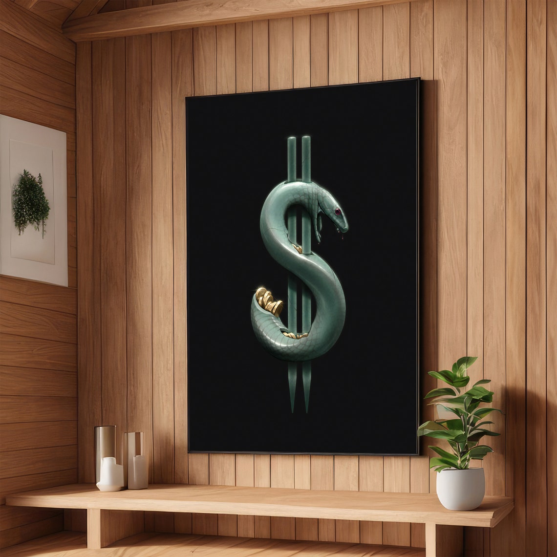 Green Snake Shaped Into a Dollar Sign Symbolic Wealth Art Poster