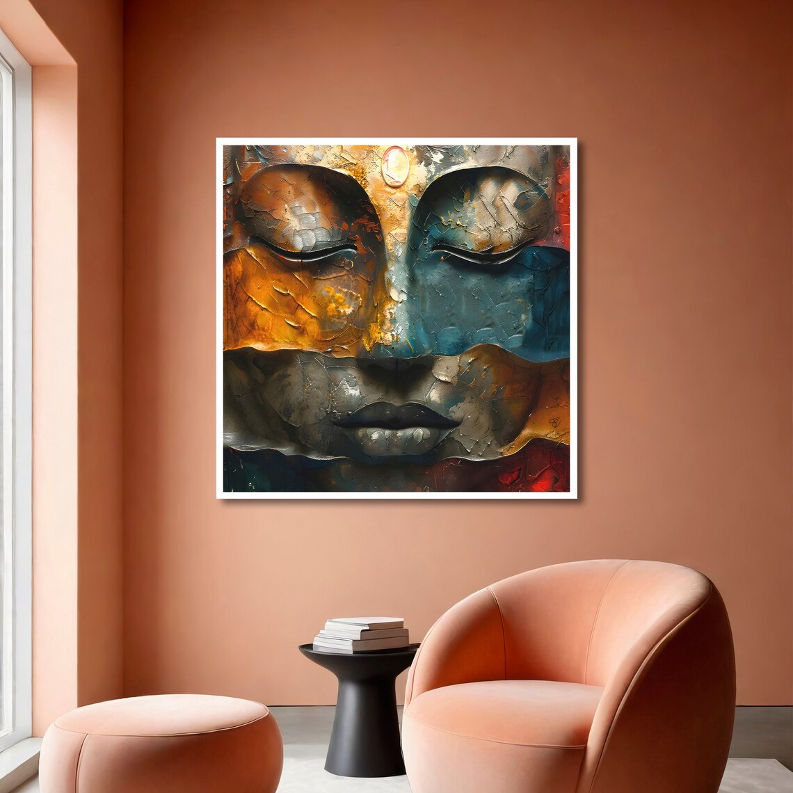 Tranquil Buddha Face in Gold and Teal Textured Zen Meditation Poster - Image 6