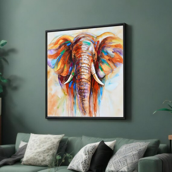 Majestic Front-Facing Elephant Head With Colorful Paint Drip Art Poster