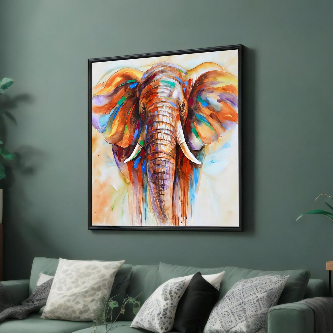 Majestic Front-Facing Elephant Head With Colorful Paint Drip Art Poster