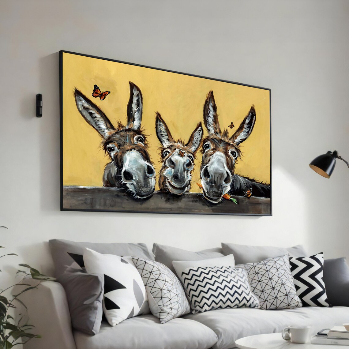 Cheerful Donkey Trio Butterflies Farmhouse Animal Art Poster