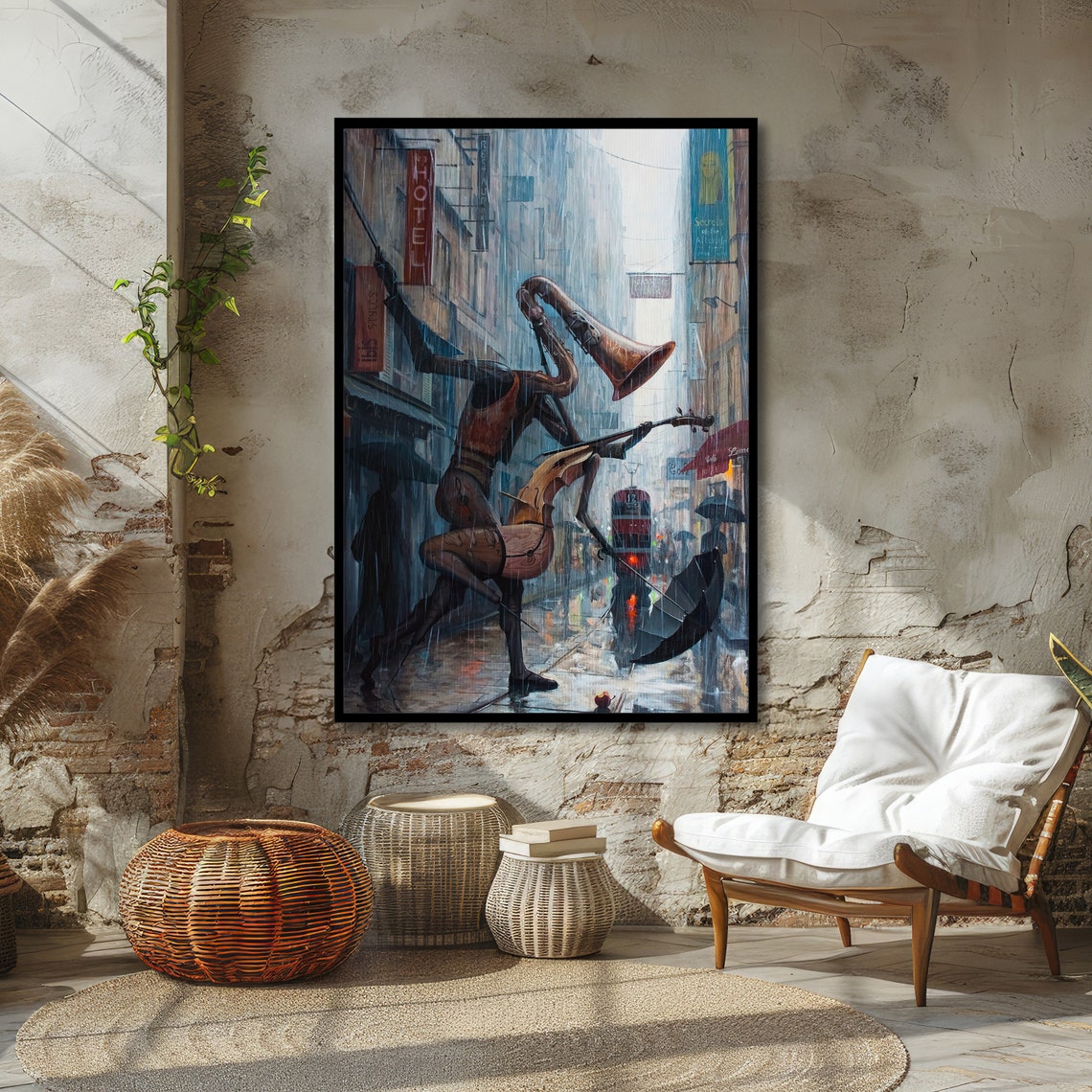 Surreal Saxophone Player Rainy City Street Jazz Music Poster - Image 4