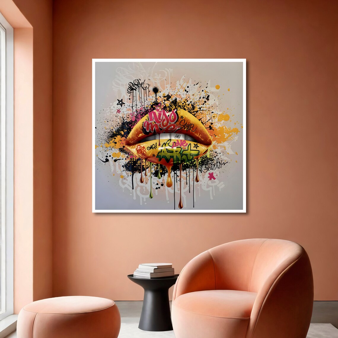 Golden Graffiti Lips With KISS ME Script and Dripping Paint Art Poster - Image 6
