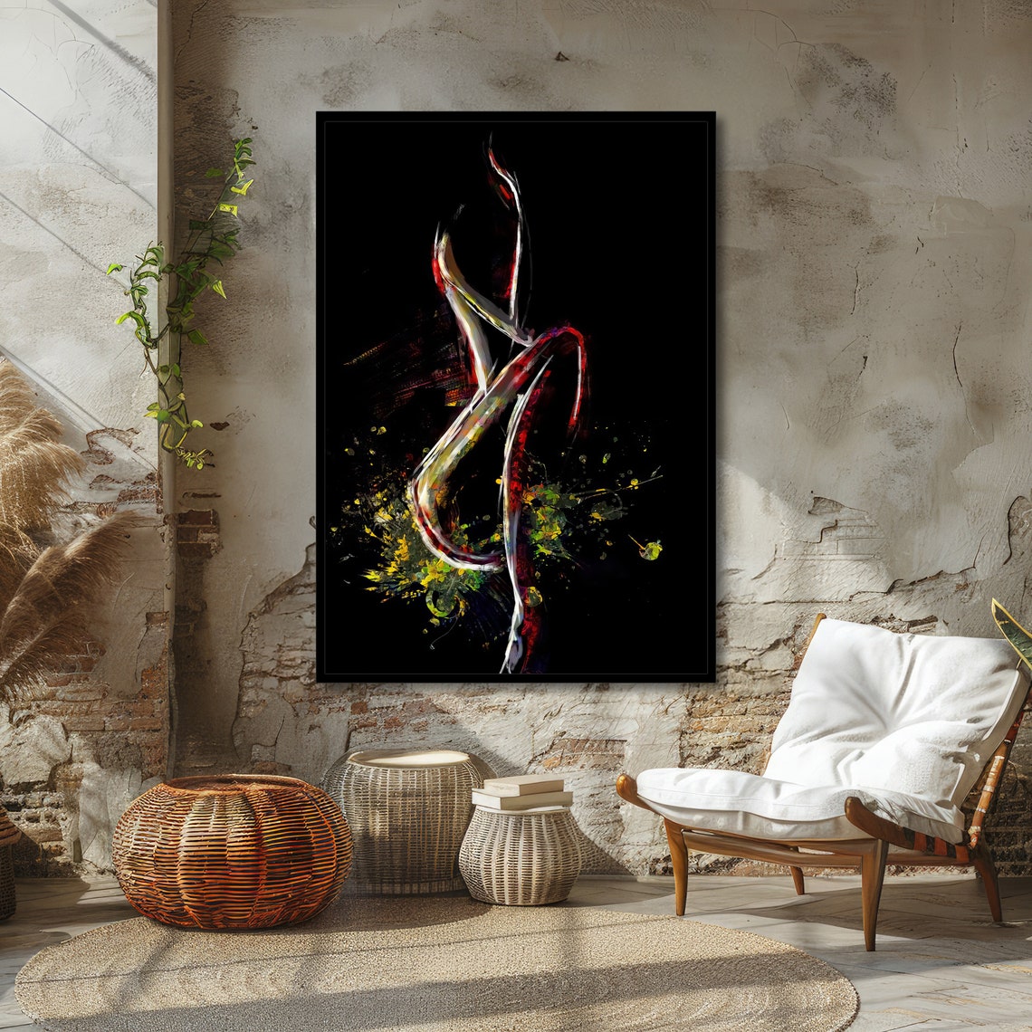 Vivid Abstract Dancer Silhouette with Colorful Streaks on Black Poster - Image 4